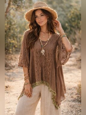Pretty angel boho brown lace tunic top size medium